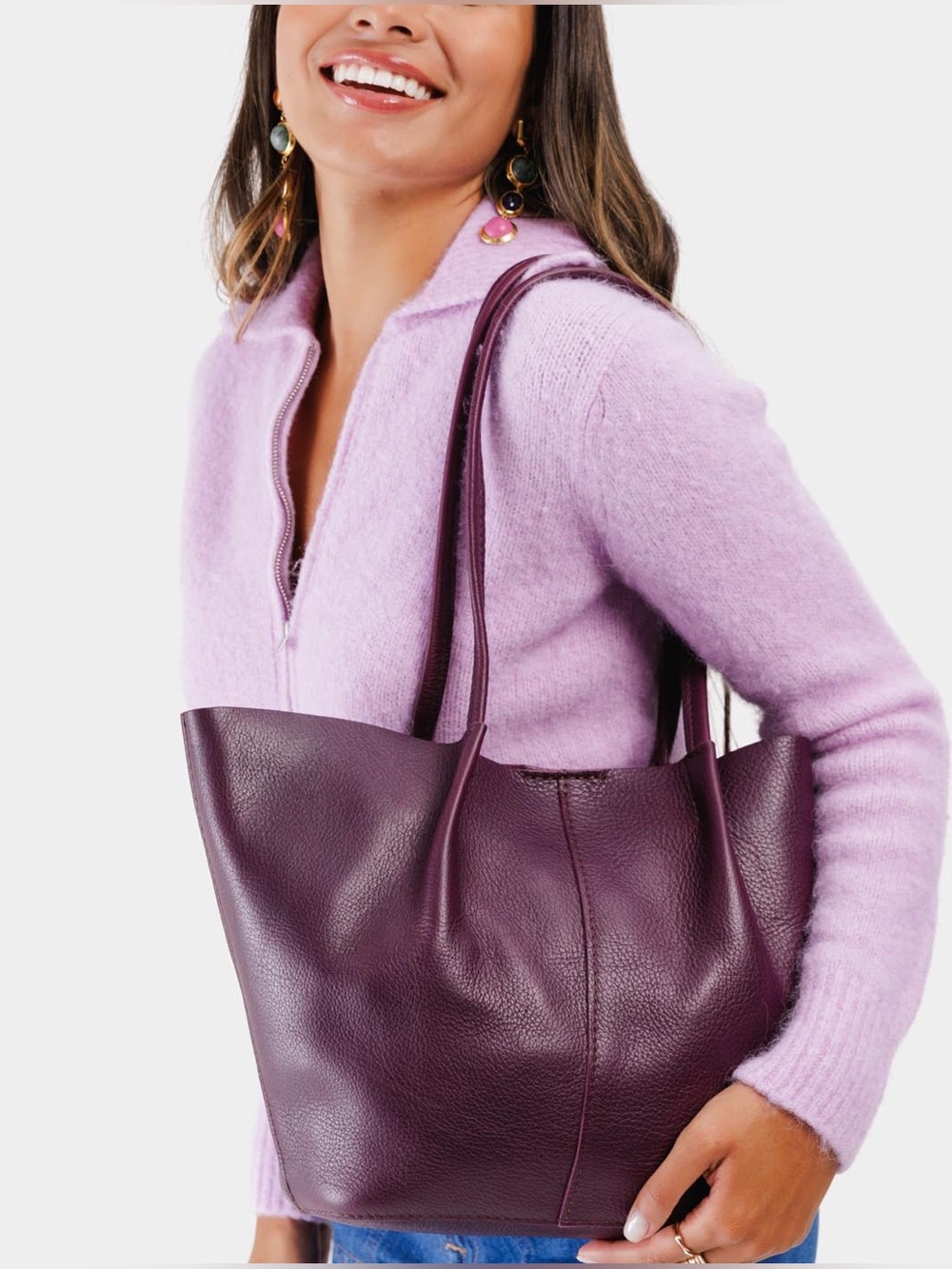 Portland Leather Large Devan Bucket Tote in Plum